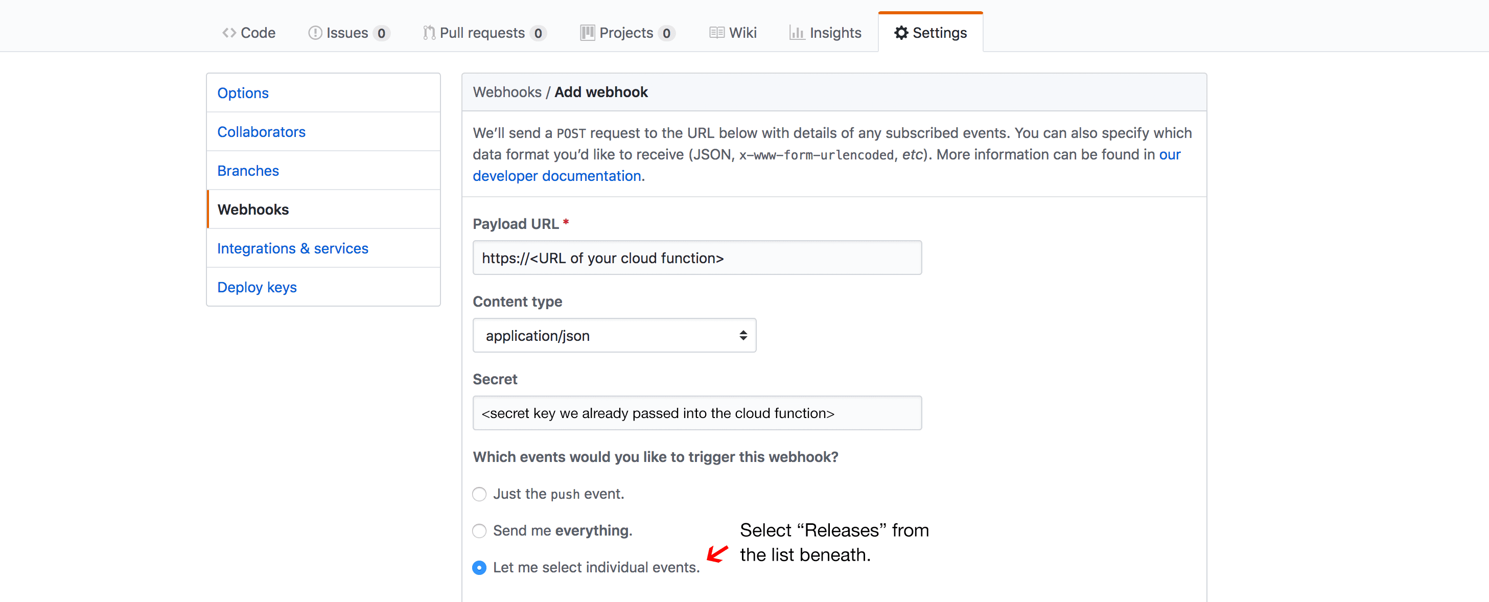 Screenshot of the webhook settings on Github